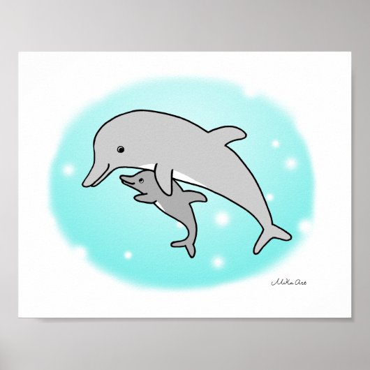 Dolphin Poster Cute Ma & Baby Dolphin Nursery Art (Voorkant)
