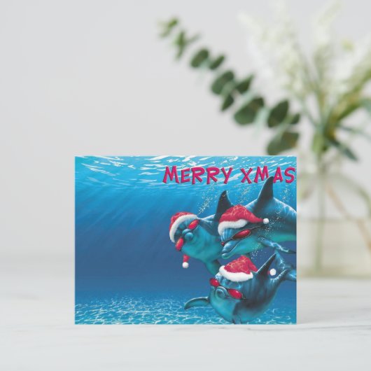 Dolphin Santa Hat Funny Kerstmis Briefkaart (Staand voorkant)