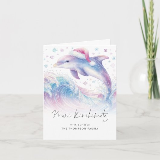 Dolphin Santa Hat Meri Kirihimete Christmas folded Feestdagen Kaart (Voorkant)