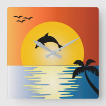 DOLPHIN SILHOUETTE BIJ SUNSET SQUARE WALL CLOCK