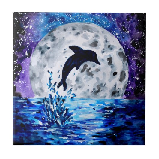 Dolphin Silhouette Ocean en Moon Tegeltje (Voorkant)