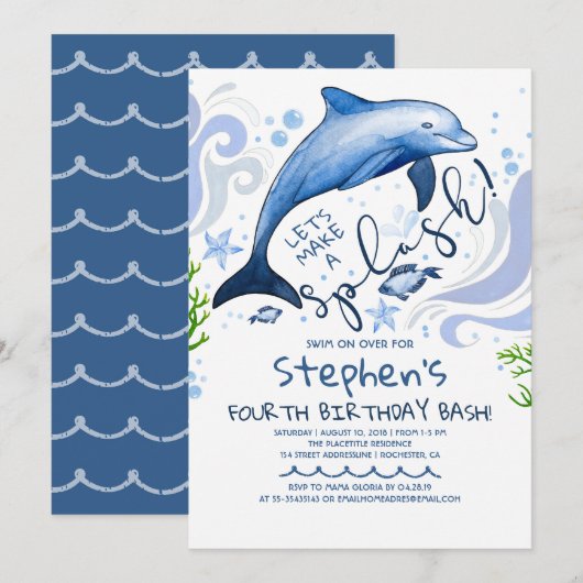 Dolphin Splash | Zompool Birthday Party Kaart (Voorkant / Achterkant)