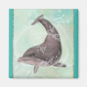 Dolphin Splashing in Aqua Green Water Magneet