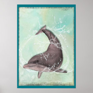 Dolphin Splashing in Aqua Green Water Poster