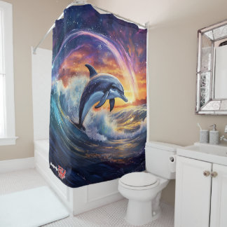 Dolphin Surfs Galaxy Design van Rich AMeN Gill Douchegordijn