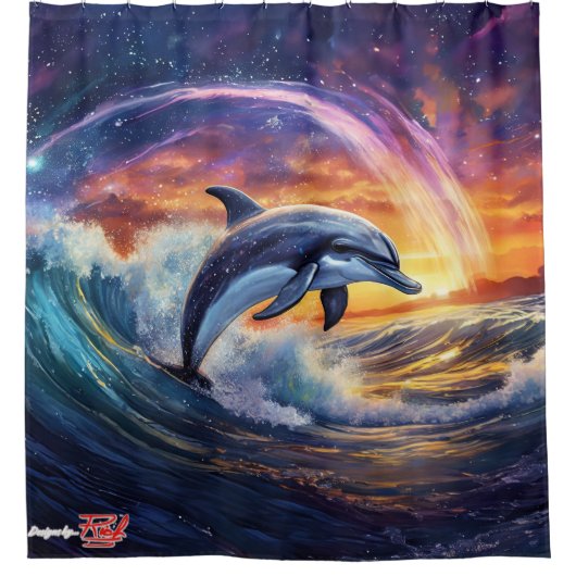 Dolphin Surfs Galaxy Design van Rich AMeN Gill Douchegordijn (Voorkant)