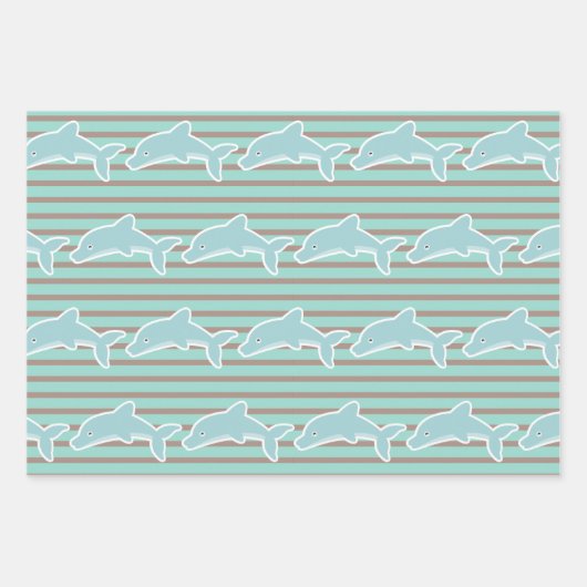 Dolphin Swimming Happy Birthday Stripes Inpakpapier Vel (Voorkant 3)