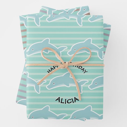 Dolphin Swimming Happy Birthday Stripes Inpakpapier Vel (In situ)