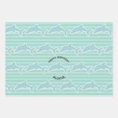 Dolphin Swimming Happy Birthday Stripes Inpakpapier Vel (Voorkant)