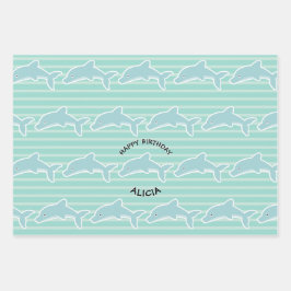 Dolphin Swimming Happy Birthday Stripes Inpakpapier Vel