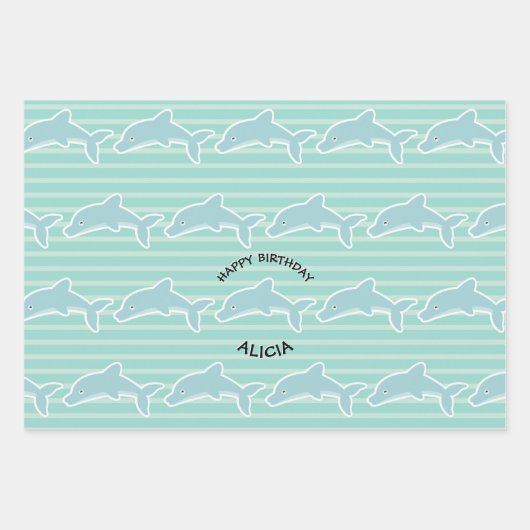 Dolphin Swimming Happy Birthday Stripes Inpakpapier Vel (Voorkant)