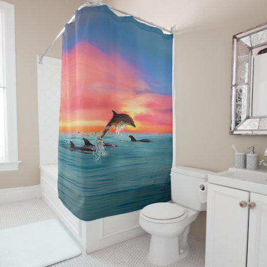 Dolphin Tropical Beach Sunset Seascape Douchegordijn (In situ)