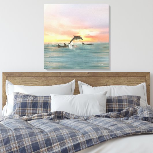 Dolphin Tropical Sunset | Waterverf Kustkust Canvas Afdruk (Insitu (Slaapkamer))