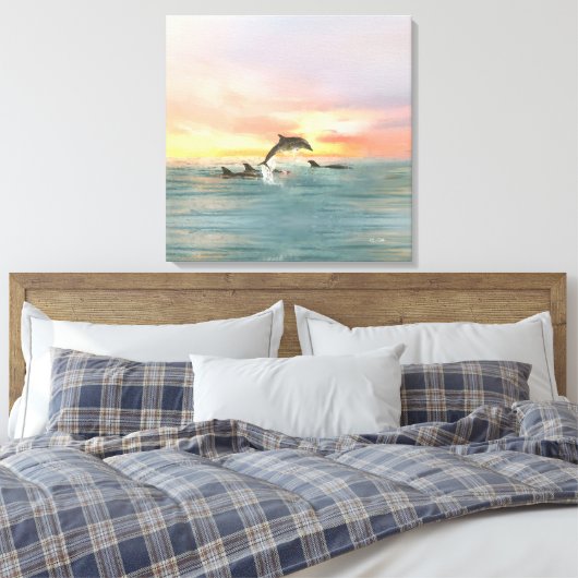 Dolphin Tropical Sunset | Waterverf Kustkust Canvas Afdruk (Insitu (Slaapkamer))