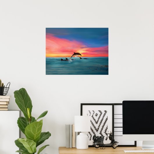 Dolphins Beach Sunset Fantasy Art Poster (Thuiskantoor)
