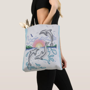 Dolphins die Sunrise Ocean Beach Sunset Tote Bag