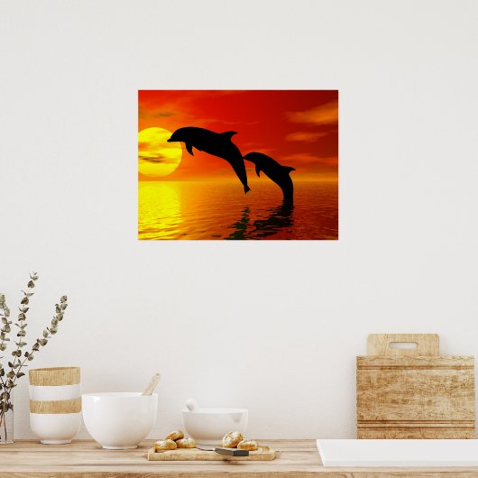 Dolphins Jumping Sunset Poster (Keuken)