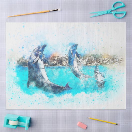 Dolphins Jumping Waterverf Art Decoupage Tissuepapier (Craft)