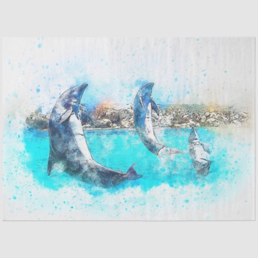 Dolphins Jumping Waterverf Art Decoupage Tissuepapier (Voorkant)