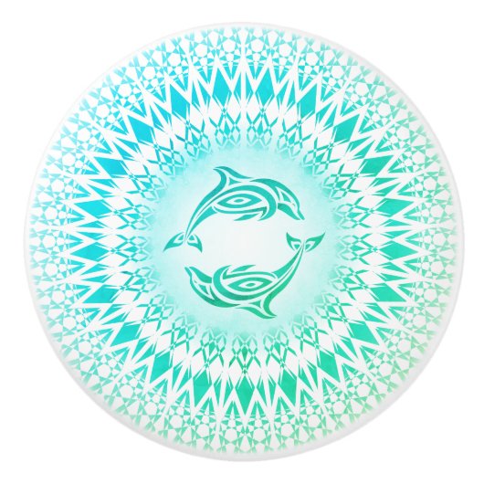 Dolphins Mandala Aqua Green White Nautical Keramische Knop (Voorkant)