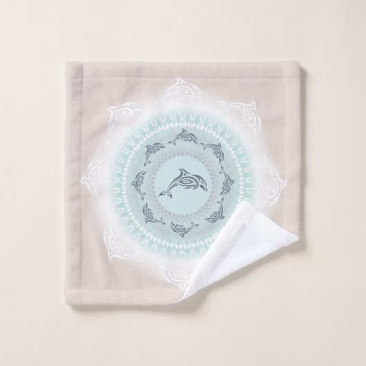 Dolphins Mandala Bleek Blue Taupe Coastal Bad Handdoek (Wasdoekje)