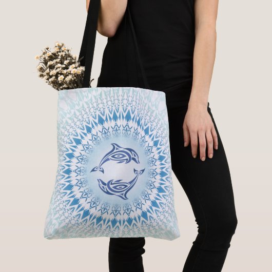 Dolphins Mandala Blue White Maritime Tote Bag (Dichtbij)