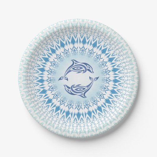 Dolphins Mandala Blue White Nautical Papieren Bordje (Voorkant)