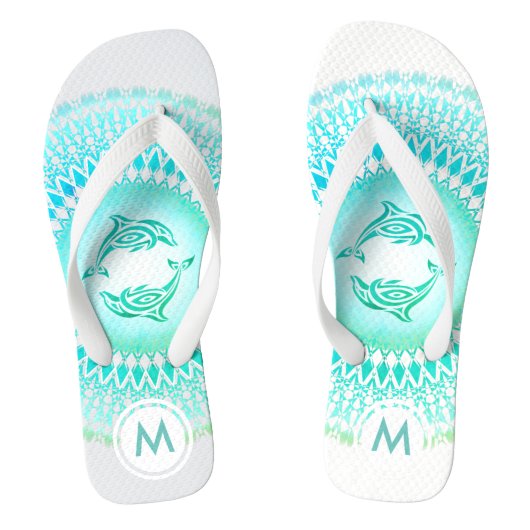 Dolphins Mandala Green White Monogram Teenslippers (Voetbed)
