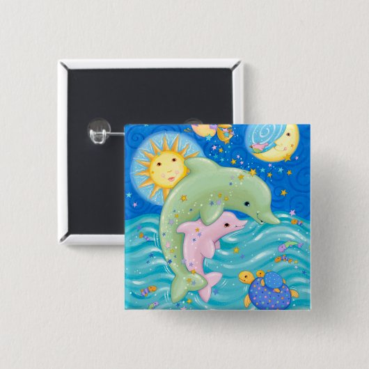 Dolphins Play Vierkante Button 5,1 Cm (Voorkant /achterkant)