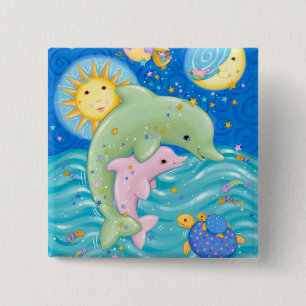 Dolphins Play Vierkante Button 5,1 Cm