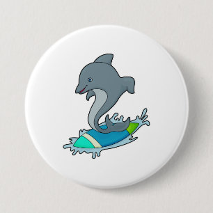 Dolpin als Surfer met Surfboard Ronde Button 7,6 Cm