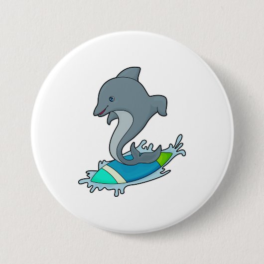 Dolpin als Surfer met Surfboard Ronde Button 7,6 Cm (Voorkant)