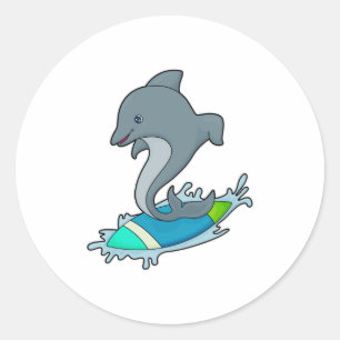 Dolpin als Surfer met Surfboard Ronde Sticker