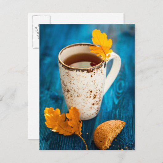 Dom- en herenbladeren op blauwe wol briefkaart (Voorkant / Achterkant)