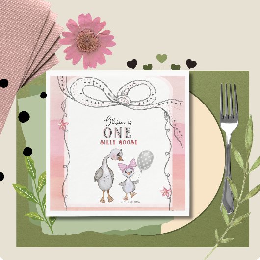 Dome Gans 1e Verjaardag Servetten | Waterverf Roze