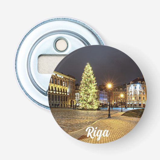 Dome Square met kerstboom in Riga Button Flesopener (Voorkant)