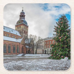 Dome-vierkant met kerstboom op Riga Canvas Pri Kartonnen Onderzetters