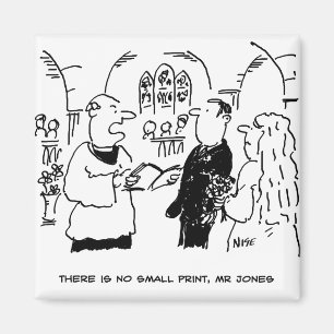 Dominee zegt dat er geen kleine lettertjes cartoon magneet