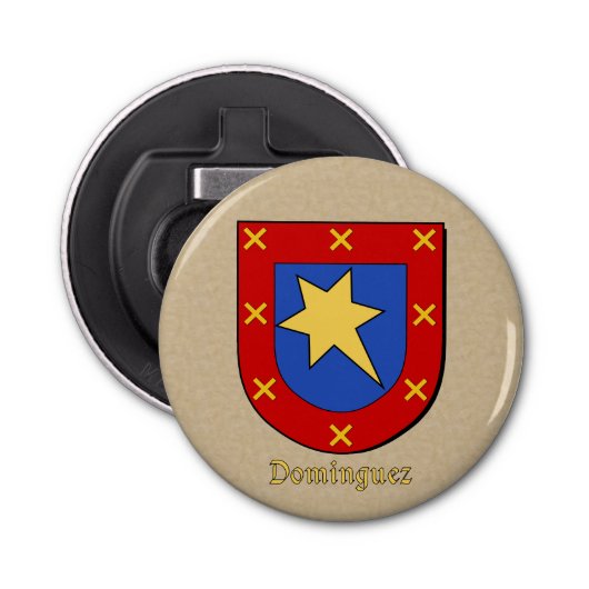 Dominguez Heraldic Arms op Parchment Style Terug Button Flesopener (Voorkant)