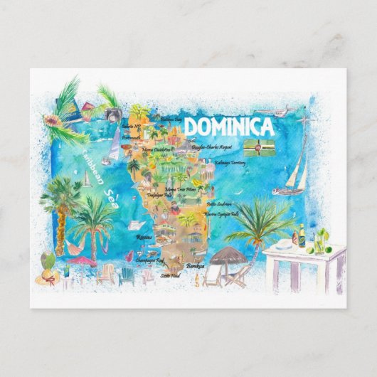 Dominica Antilles Illustrated Travel Map Briefkaart (Voorkant)