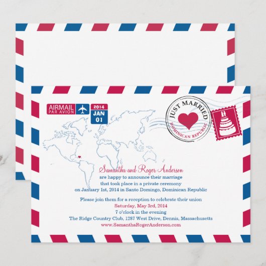 Dominicaanse Republiek Air Mail Post Wedding Recep Kaart (Voorkant / Achterkant)