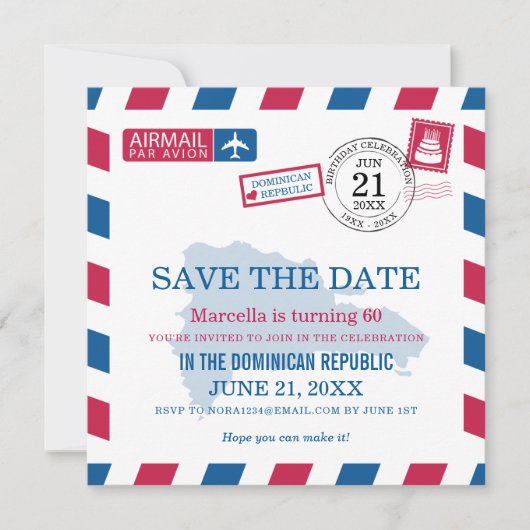 Dominicaanse Republiek Airmail Birthday Celebratio Save The Date (Voorkant)
