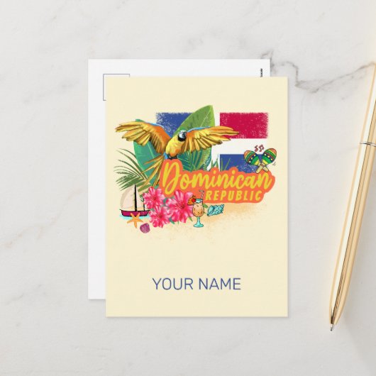 Dominicaanse Republiek Retro Caribbean Parrot Feestdagenkaart (Voorkant / Achterkant in situ)