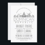 Dominicaanse Republiek Wedding Skyline Invitation Kaart<br><div class="desc">Een unieke huwelijksuitnodiging voor een huwelijk dat plaatsvindt in het prachtige land van de Dominicaanse Republiek. Deze uitnodiging bevat een gestileerde illustratie van de skyline van de stad met de naam eronder. Dit wordt gevolgd door uw trouwdag informatie in een bijpassende open lijnde stijl. Aan de andere kant van de...</div>