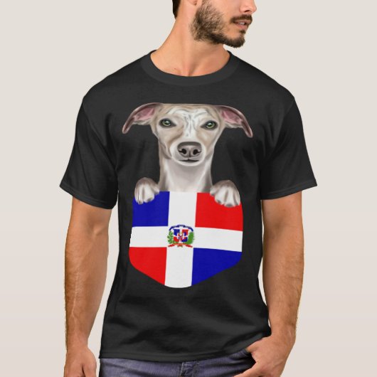 Dominican Republic Flag Whippet Dog In Pocket T-shirt (Voorkant)