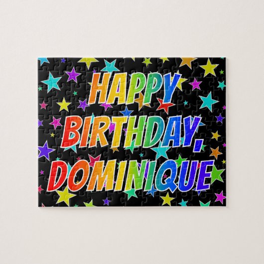 "DOMINIQUE" Voornaam, geun "HAPPY BIRTHDAY" Legpuzzel (Horizontaal)