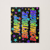 "DOMINIQUE" Voornaam, geun "HAPPY BIRTHDAY" Legpuzzel (Verticaal)
