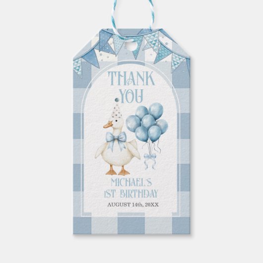 Domme Gans 1e Verjaardag Blauwe Gingham Boog Cadeaulabel (Voorkant)