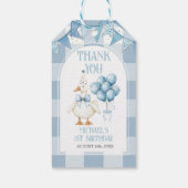 Domme Gans 1e Verjaardag Blauwe Gingham Boog Cadeaulabel (Achterkant)