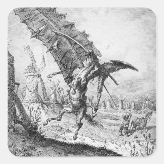 Don Quixote en de windmolens Vierkante Sticker (Voorkant)